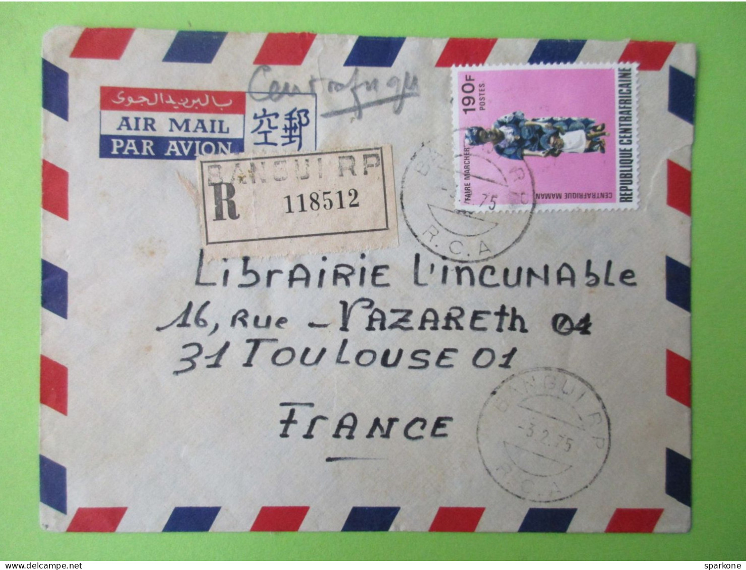 Marcophilie - Enveloppe - Par Avion - Recommandé - Bangui Vers La France - 1975 - Central African Republic