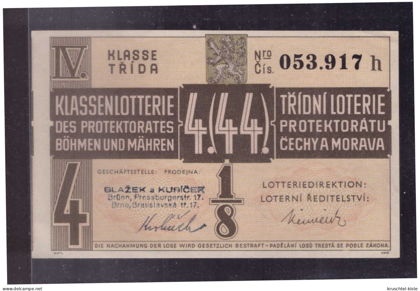 Böhmen Und Mähren (W00177) Lotterielos 1/8 Ziehung 20.3.1941 - Lettres & Documents