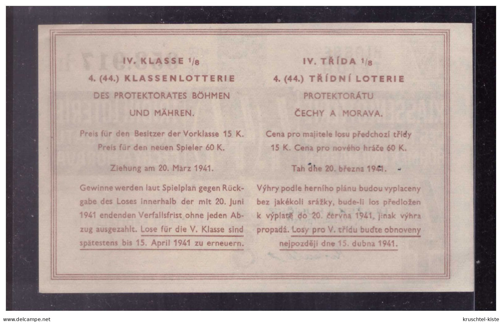 Böhmen Und Mähren (W00177) Lotterielos 1/8 Ziehung 20.3.1941 - Storia Postale