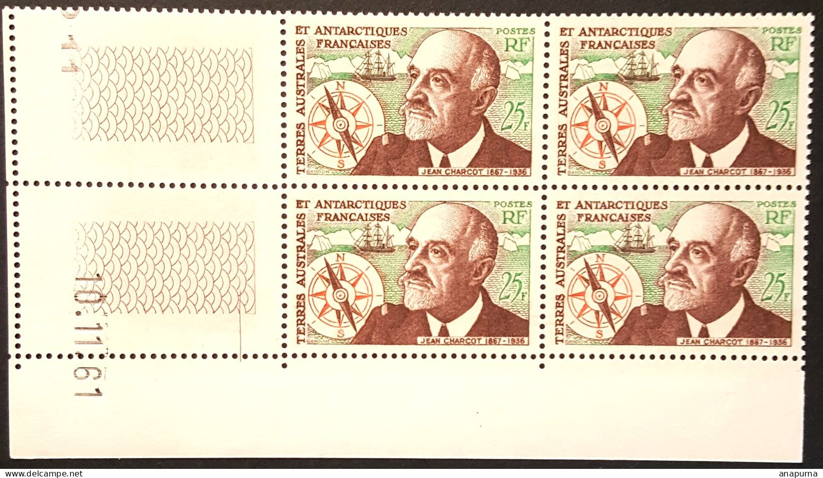 Timbre TAAF BLOC DE 4 Coin Daté, 25ème Anniversaire De La Disparition Du Commandant Charcot, N° 19, Sans Charnière, - Unused Stamps