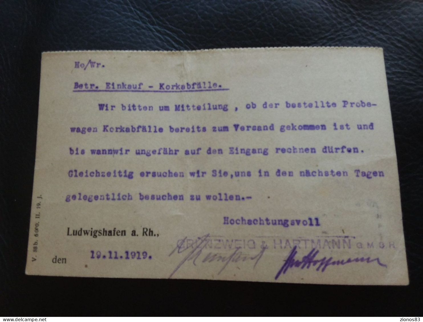 RARE LETTRE Grunzweig & Hartmann GmbH 1919 Et 2 Signatures Verso. Ludwigshafen Rein - Lettres & Documents