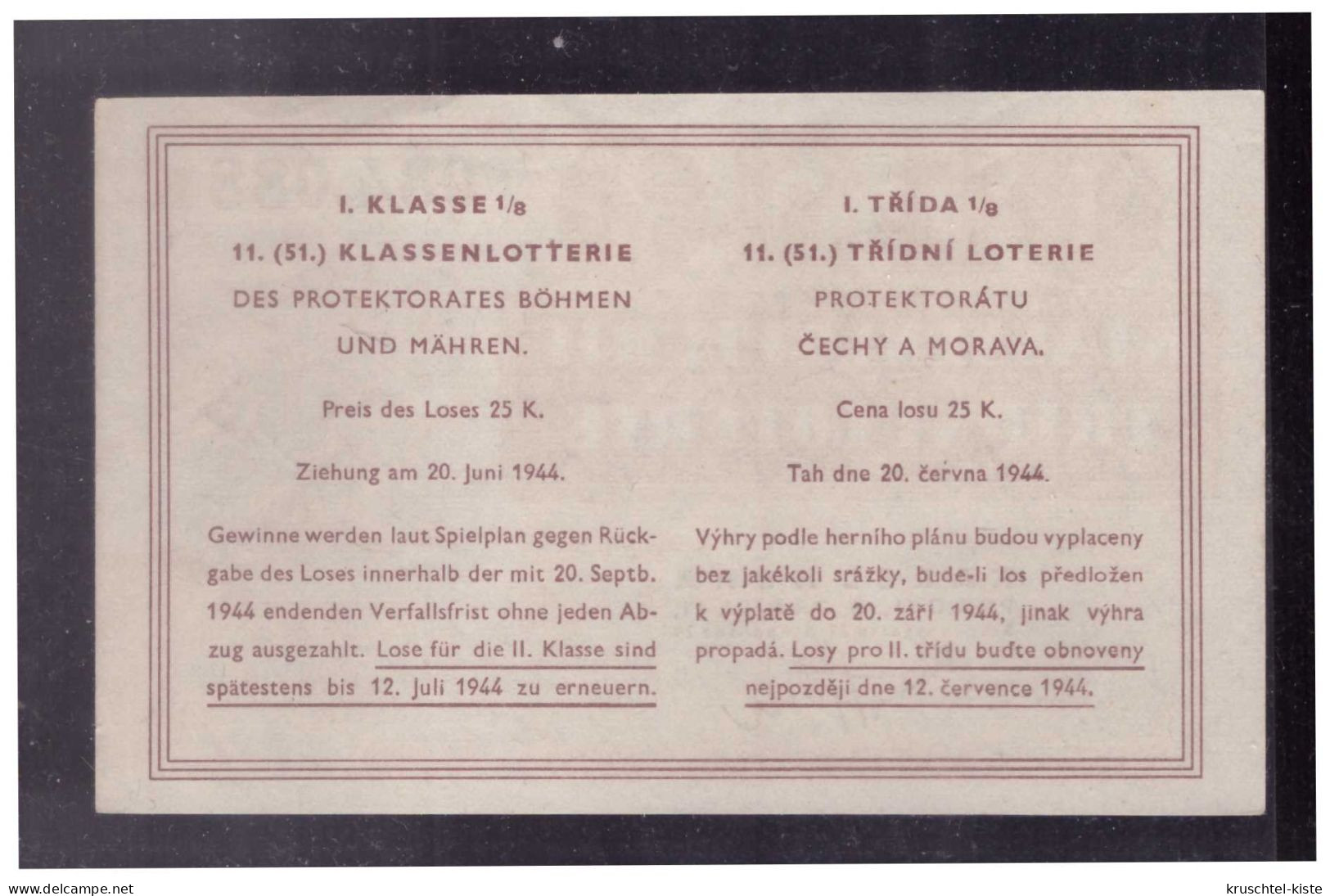 Böhmen Und Mähren (W00178) Lotterielos 1/8 Ziehung 24.6.1944 - Brieven En Documenten