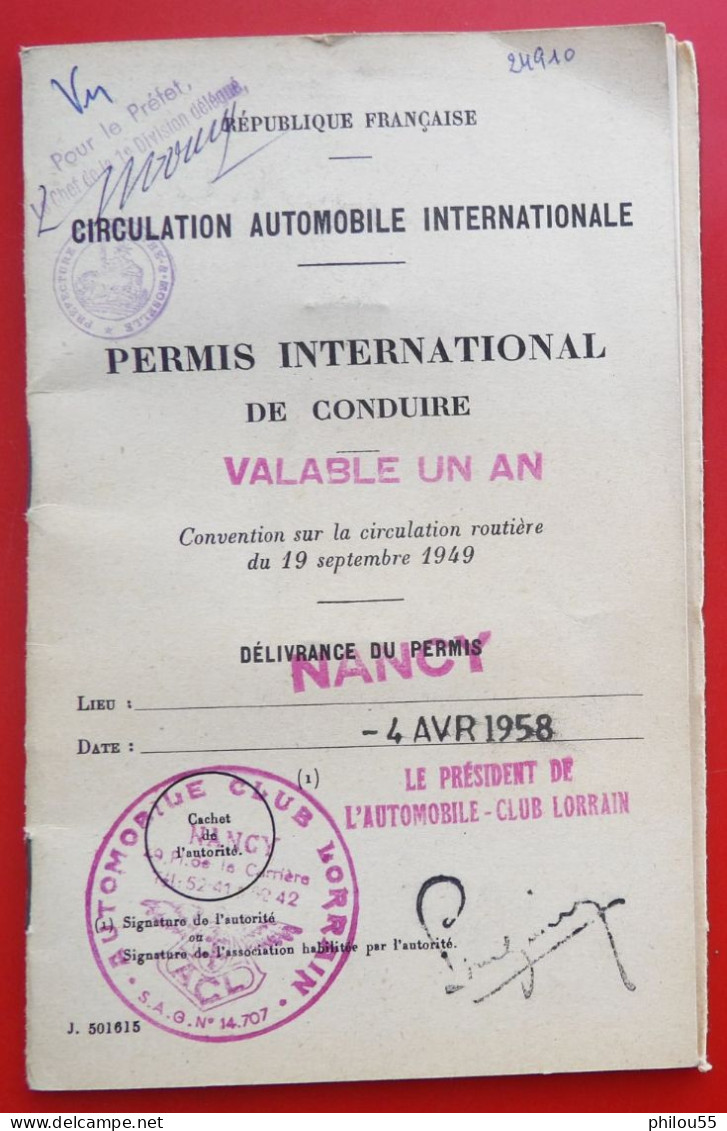 55 SAINT MIHIEL 1958 PERMIS INTERNATIONAL DE CONDUIRE Tampons ACL  Timbres Fiscaux 1 An - Documentos Históricos