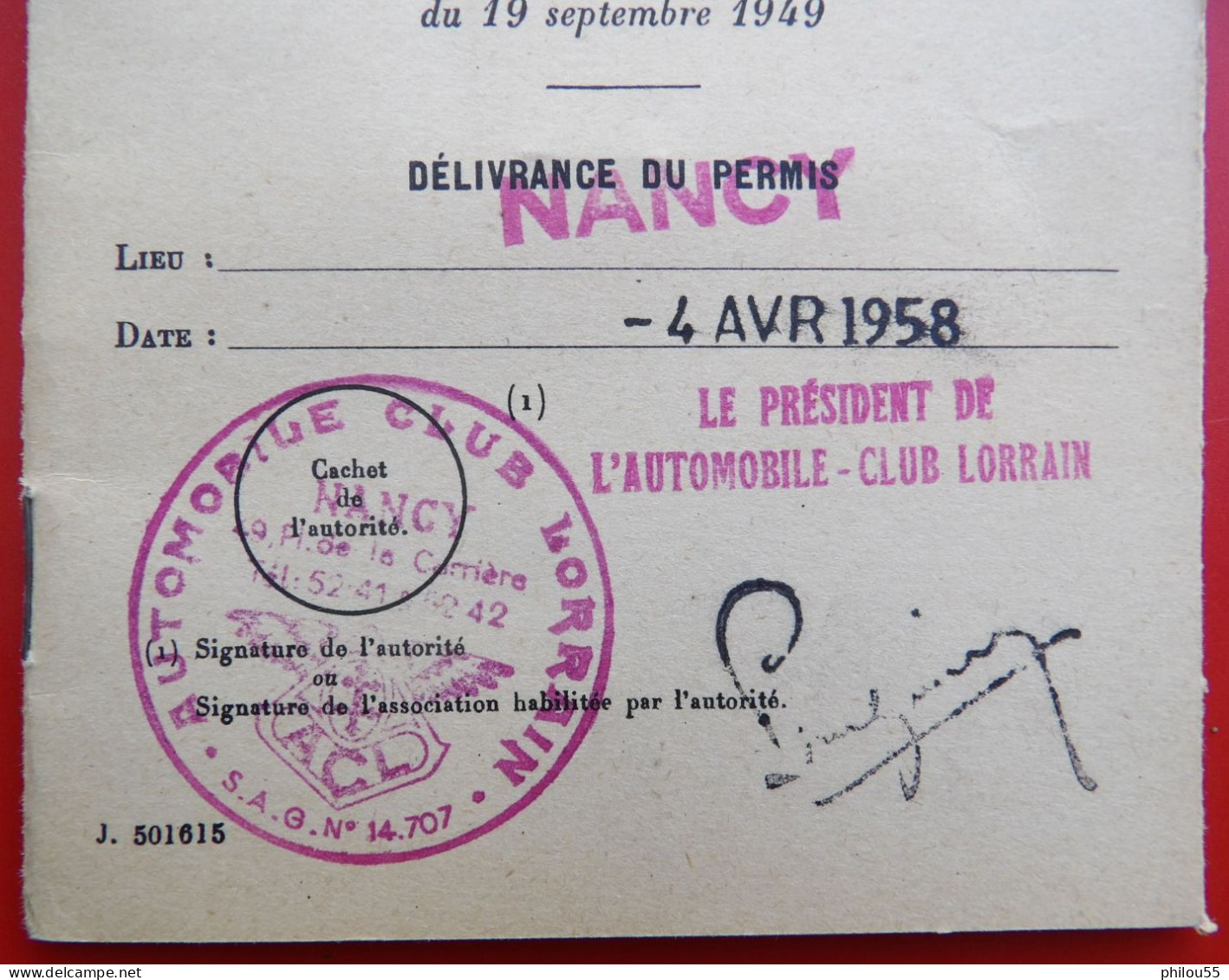 55 SAINT MIHIEL 1958 PERMIS INTERNATIONAL DE CONDUIRE Tampons ACL  Timbres Fiscaux 1 An - Historical Documents