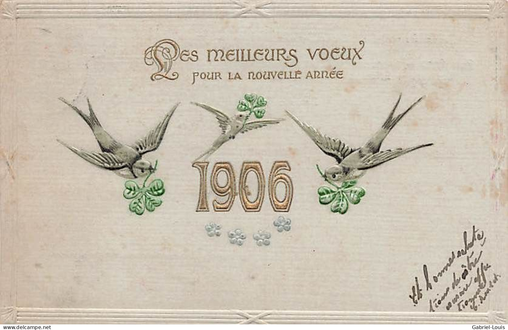 Meilleurs Vœux Pour La Nouvelle Année  1906 Gaufrée Hirondelles Oiseaux Trèfles à Quatre - Neujahr