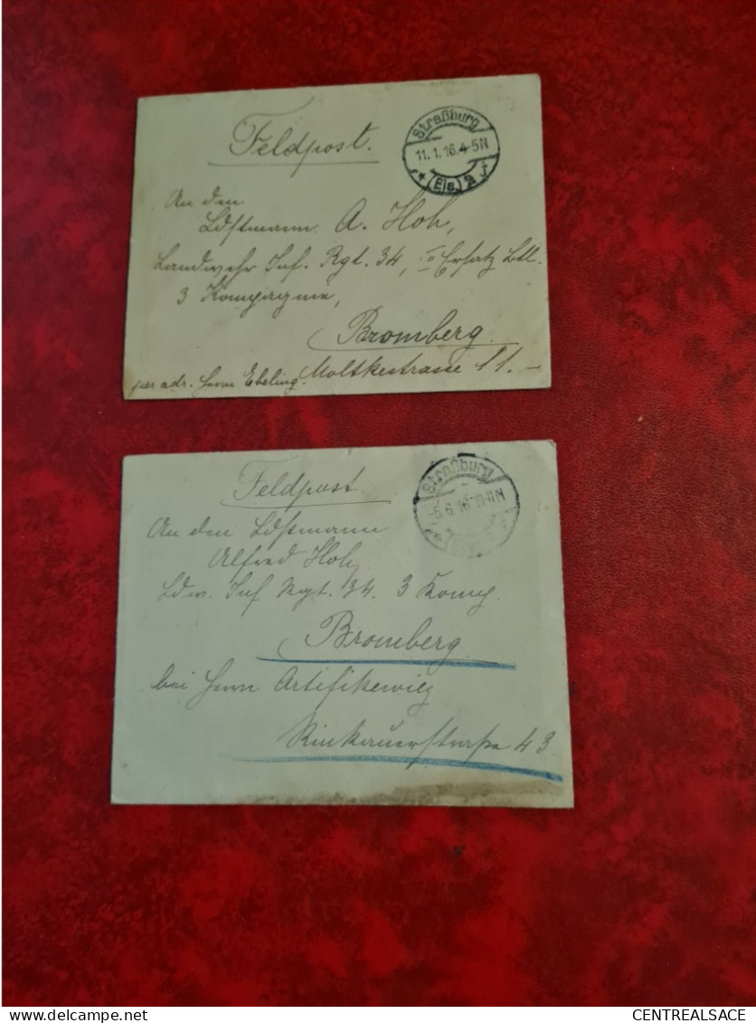 LOT 2 LETTRES STRASSBURG STRASBOURG DFELDPOST POUR BROMBERG 1916 - Autres & Non Classés