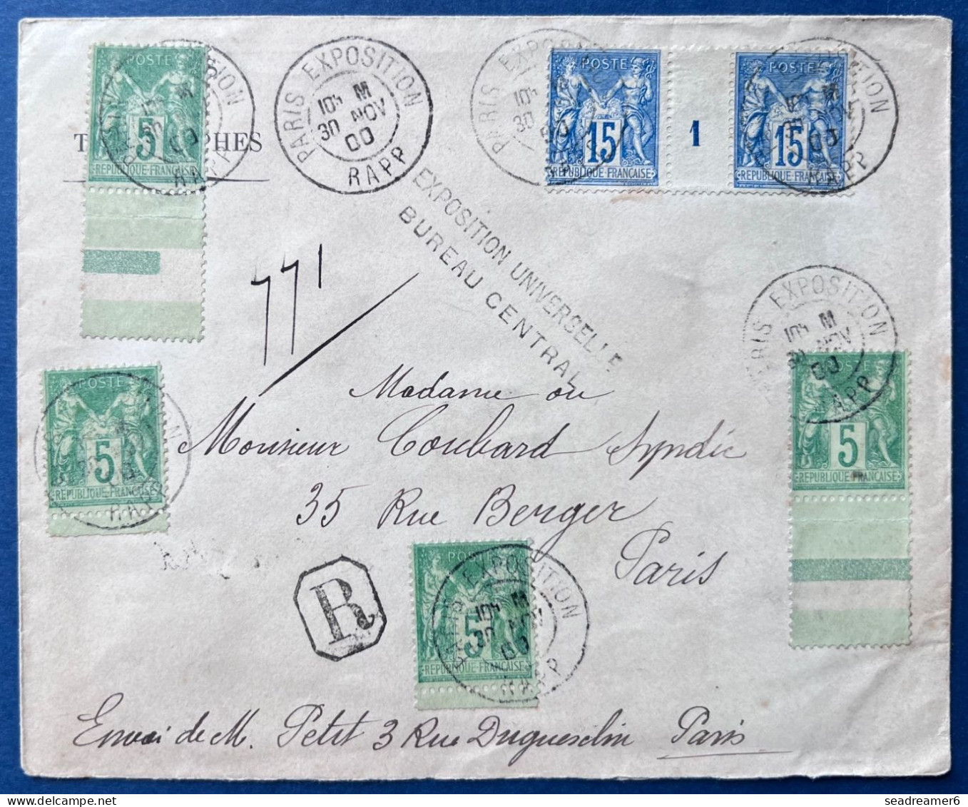 Lettre Recommandée 1900 Sage N°101 Paire Millésimée 1 + 102 X4 Obl Dateur " PARIS EXPOSITION / RAPP " EXPO UNIVERSELLE - 1876-1898 Sage (Type II)