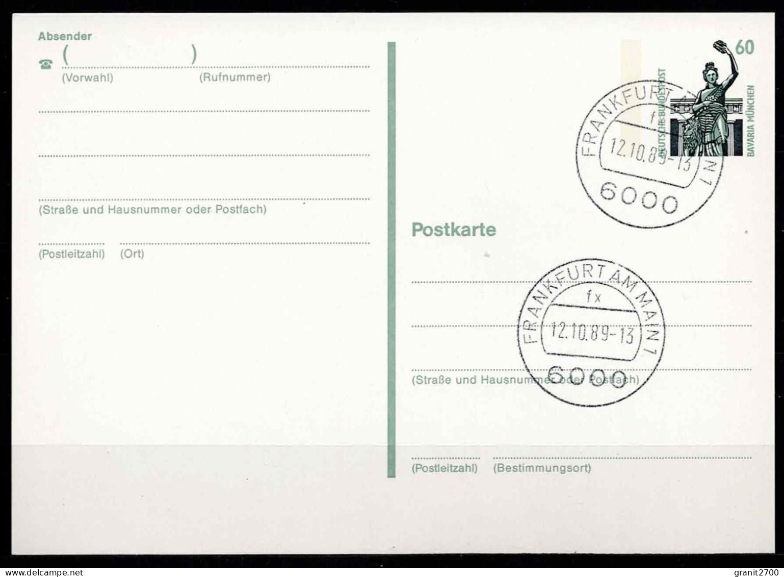 Postkarte 60  Mit Eingedruckter Marke + Stempel Frankfurt Am Main 19.10.1989 - Autres & Non Classés