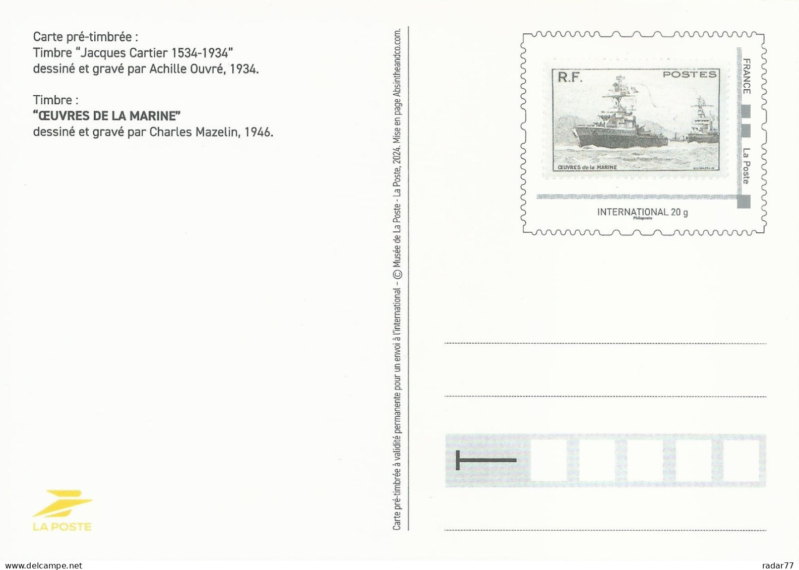 PAP Carte Postale Avec IDTimbre International 20g  Timbre Œuvres De La Marine - PAP:  Varia (1995-...)