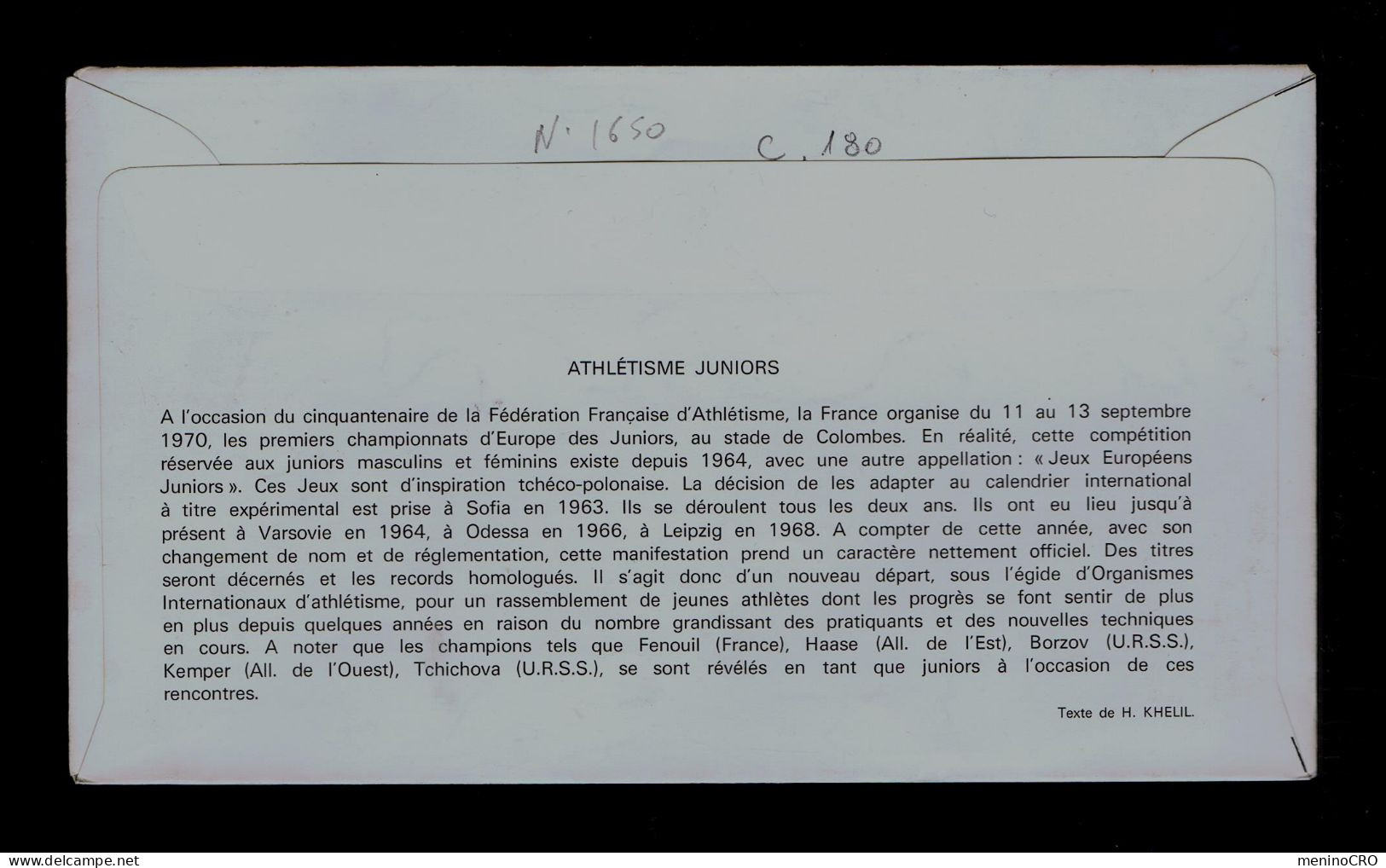 Gc8463 FRANCE "50th 1920-1970 Fédération Française D'Athlétisme" 1er Championnats D'Éurope D'Athletisme Des Juniors - Athlétisme