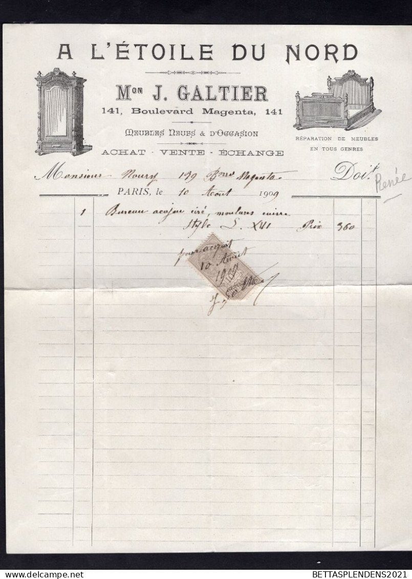 PARIS - Facture Illustrée 1909 - A L'ETOILE DU NORD - Maison J. GALTIER - 1900 – 1949