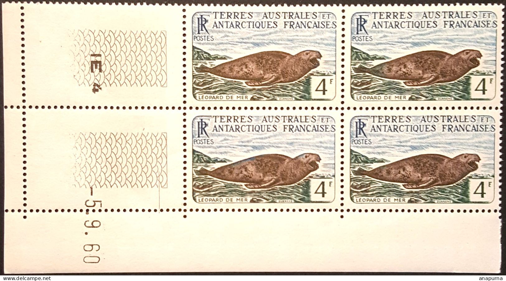 Timbre TAAF BLOC DE 4 Coin Daté, 13 B, Léopard De Mer, Sans Charnière, - Neufs