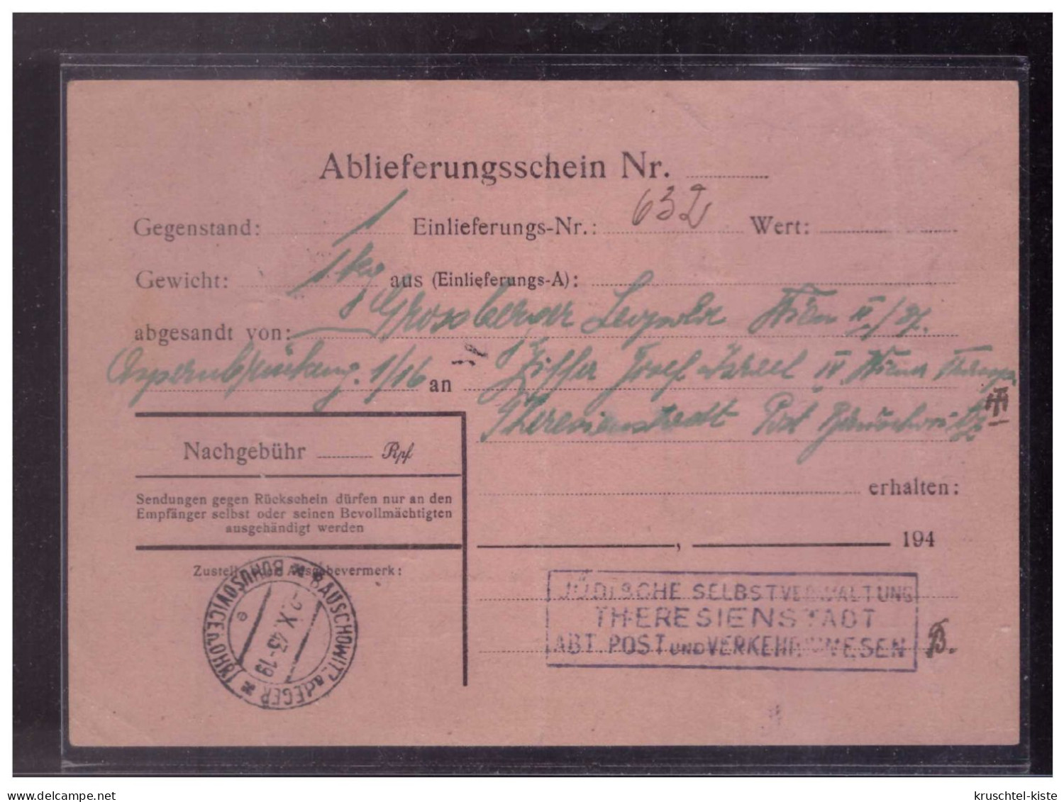 Böhmen Und Mähren (W00179) Theresienstadt Mit Stempel Jüdische Selbstverwaltung, ABT Post Und Verkehr Ablieferungsschein - Briefe U. Dokumente