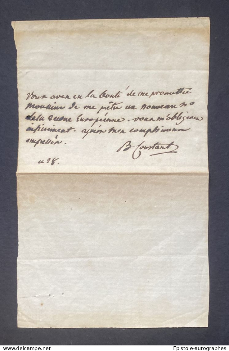Benjamin CONSTANT – Lettre Autographe Signée – Dernières Lettres Avant De Mourir - Schrijvers