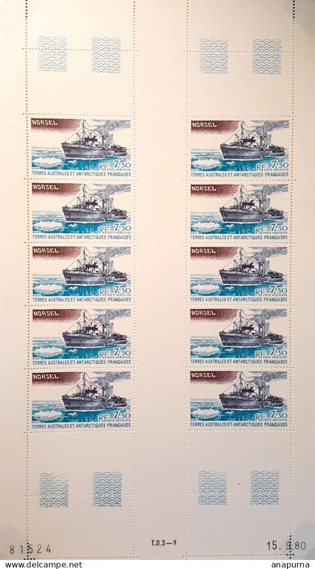 Le Norsel, Planche Complète De 10 Timbres, PA 64, Timbre TAAF, Coin Daté, Numéro Feuille - Unused Stamps