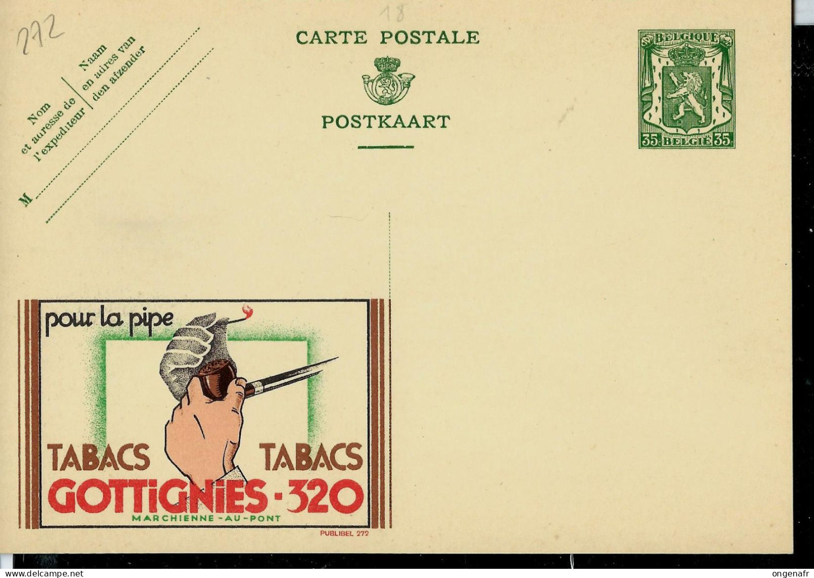 Publibel Neuve N° 272  ( Pour La Pipe: Tabacs - GOTTIGNIES - 320 ) - Publibels