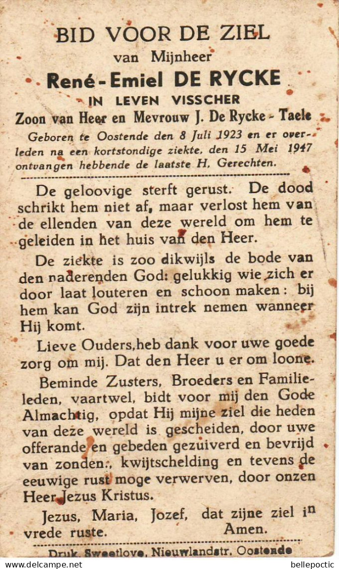 Doodsprentje Visscher René-Emiel DE RYCKE Oostende 1923-1947 - Religion &  Esoterik