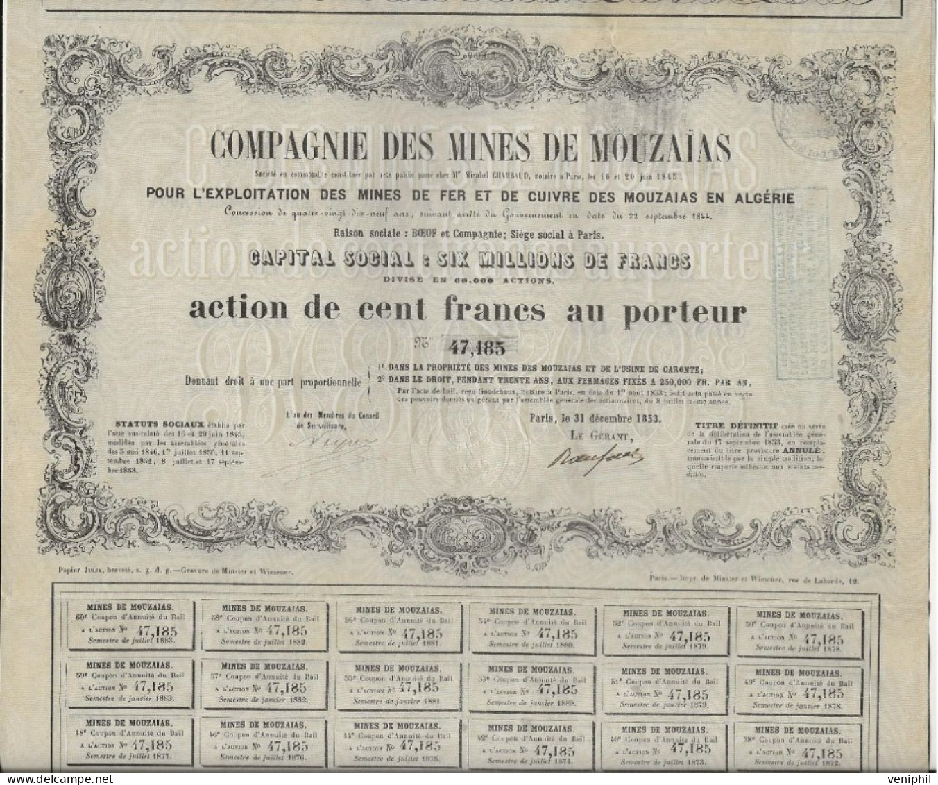 COMPAGNIE DES MINES DE MOUZAIAS -ALGERIE - MINES DE FER ET DE CUIVRE- ANNEE 1853 - Mines