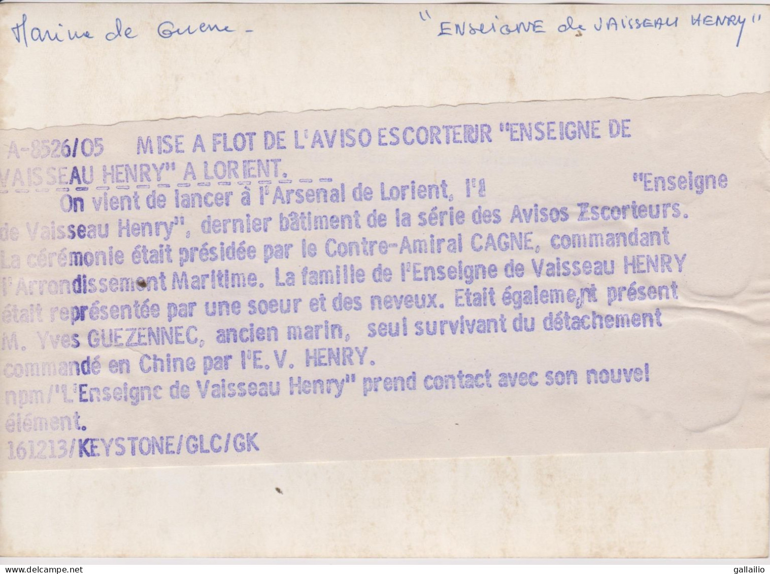 PHOTO MISE A FLOT DE L'AVISO ESCORTEUR HENRY A LORIENT PHOTO KEYSTONE - Bateaux