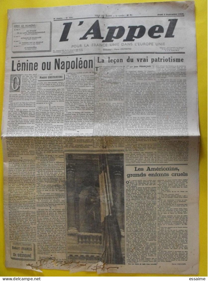 L 'Appel N° 131 Du 2 Septembre 1943. Costantini. Collaboration Radio-paris LVF Milice - Guerra 1939-45