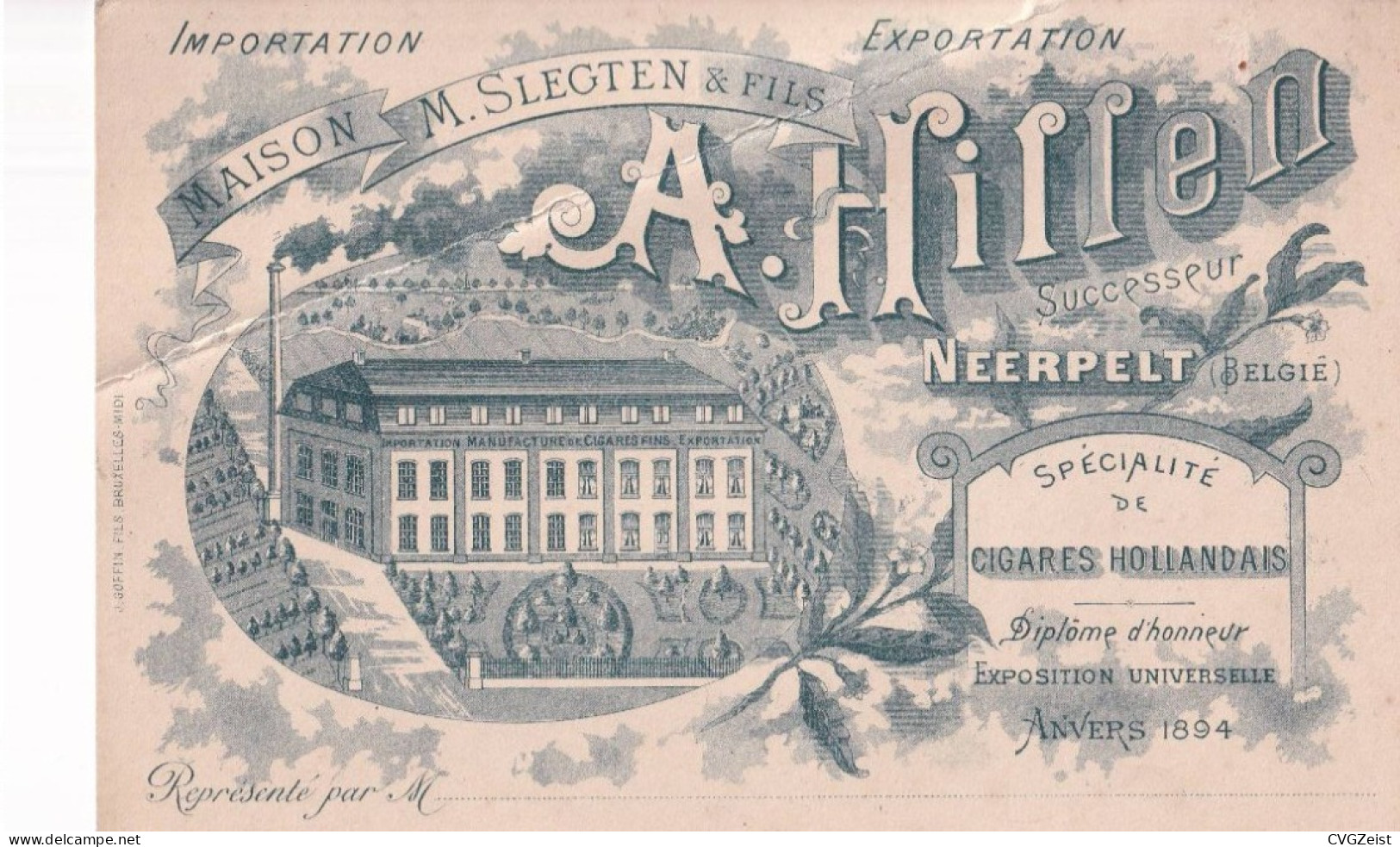 Carte Publicitaire Maison M. Slegten & Fils A Hillen Neerpelt Specialite De Cigares Hollandais Anvers 1894 - Advertising