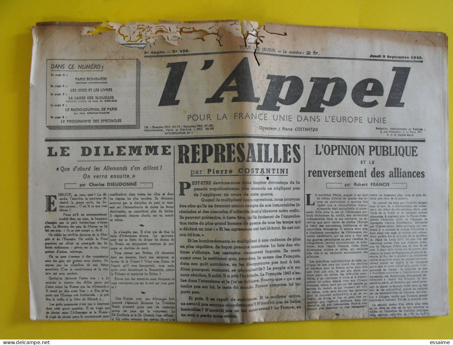 L 'Appel N° 132 Du 9 Septembre 1943. Costantini Dieudonné Francis. Collaboration Radio-paris LVF Milice Antisémite - War 1939-45