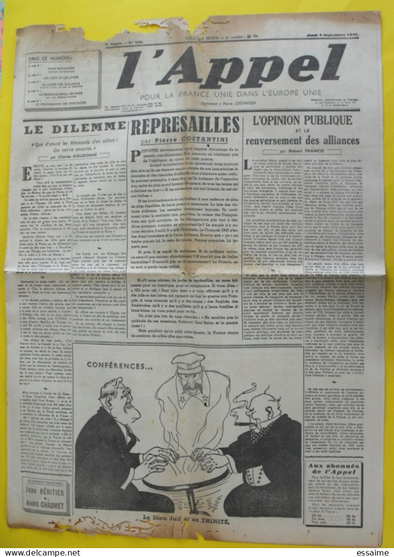 L 'Appel N° 132 Du 9 Septembre 1943. Costantini Dieudonné Francis. Collaboration Radio-paris LVF Milice Antisémite - Guerra 1939-45