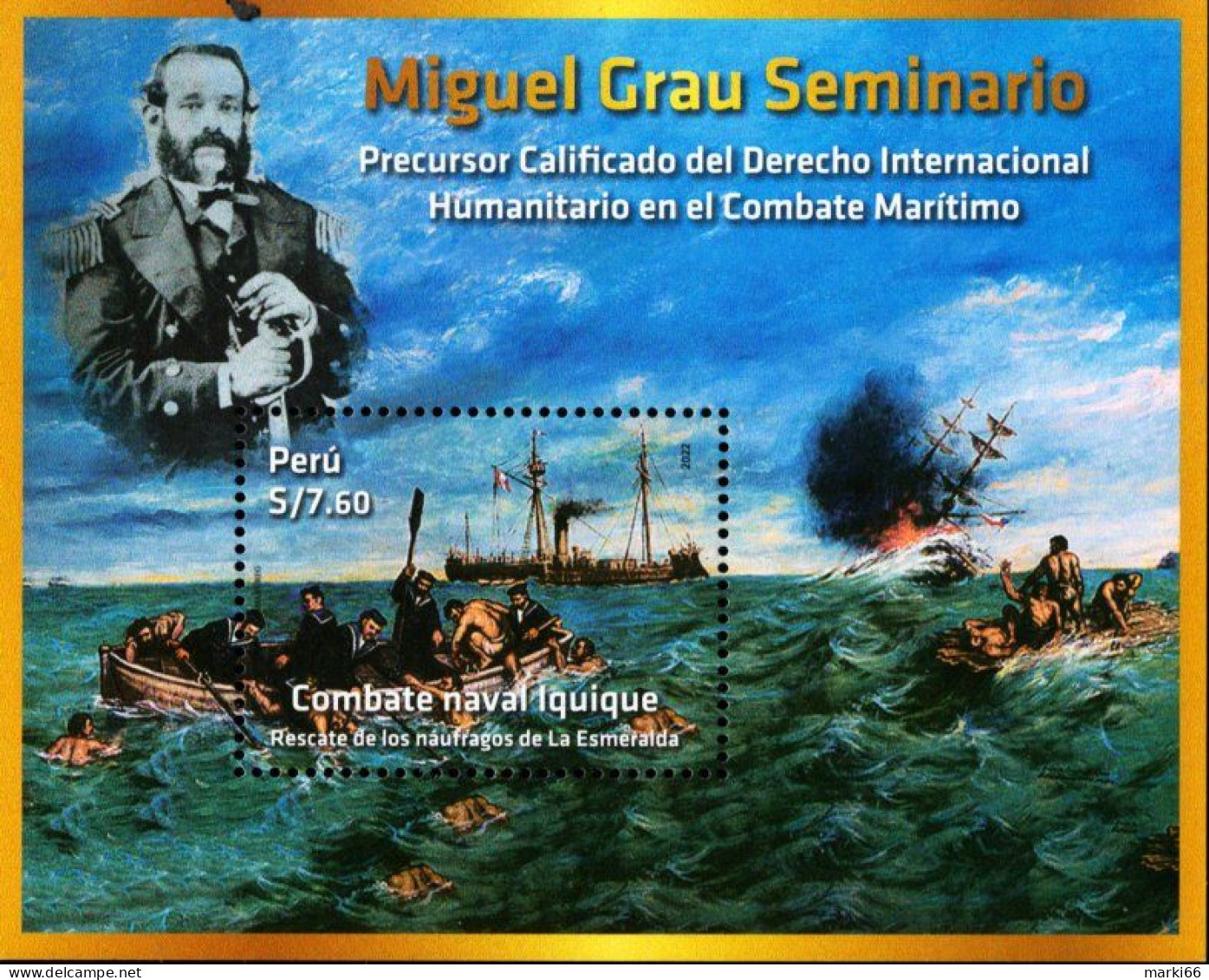 Peru - 2022 - Iquique Naval Battle - Miguel Grau Seminario, Marine Commander - Mint Souvenir Sheet - Pérou