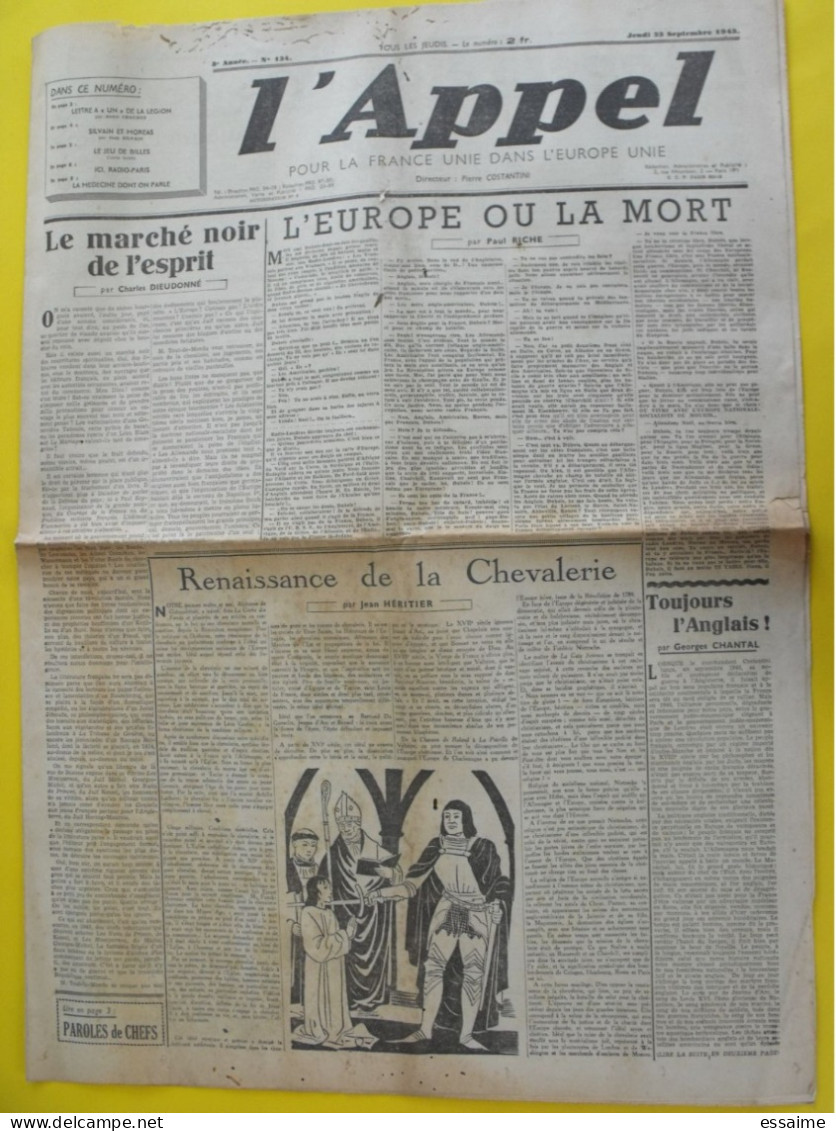 L 'Appel N° 134 Du 23 Septembre 1943. Costantini Dieudonné Riche. Collaboration Radio-paris LVF Milice Antisémite - Guerre 1939-45