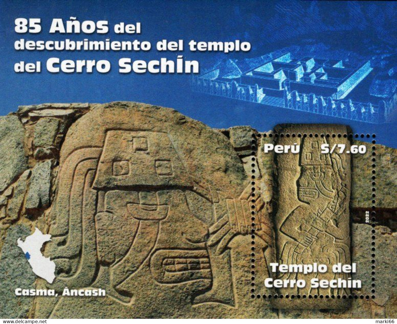 Peru - 2022 - Cerro Sechin Temple - 85 Years Since Discovery - Mint Souvenir Sheet - Peru