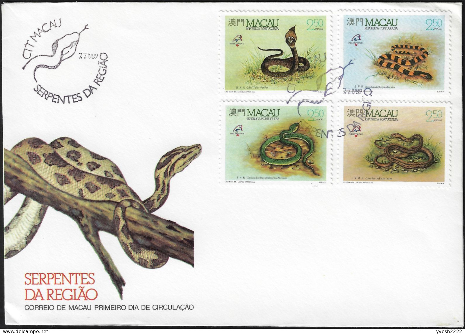 Macao 1989 Y&T 589 à 592 Sur FDC. Serpents - Serpents