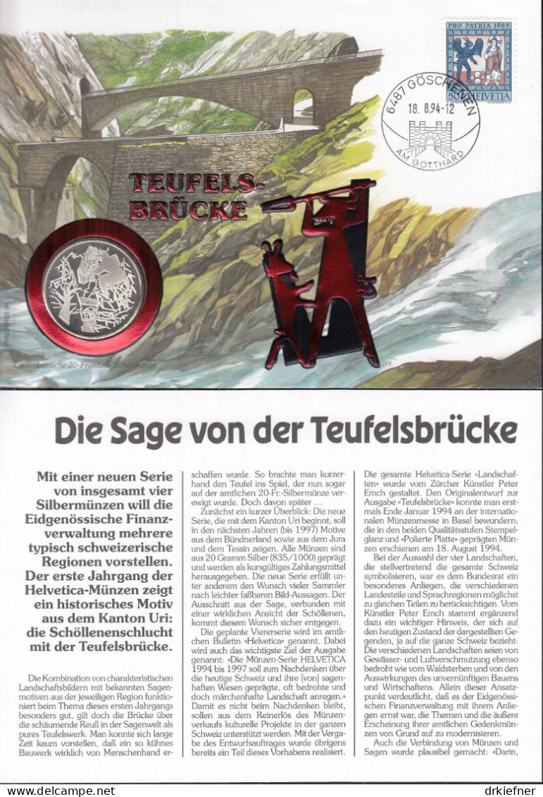 SCHWEIZ Numisbrief Mit Amtlicher 20 SFr Silbermünze, 1994, Stempel Göschenen, Marke Mi.Nr.818, Teufelsbrücke - Brieven En Documenten