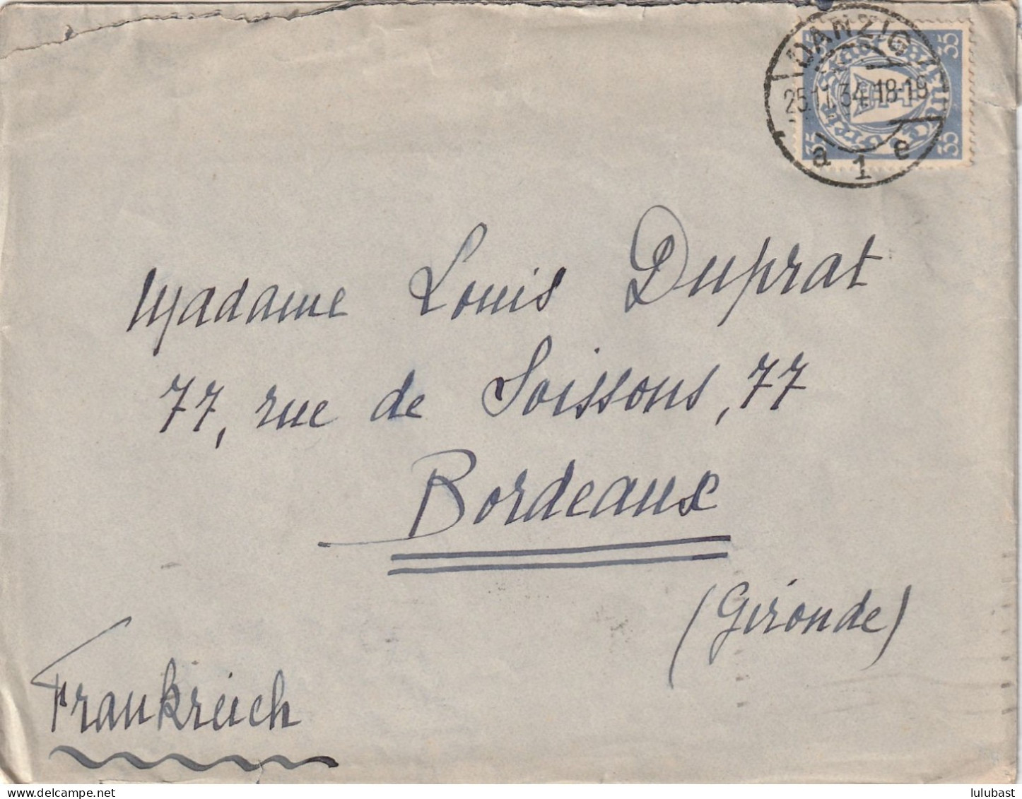 Lettre De DANTZIG Pour Bordeaux. (35pf) TTB. - Briefe U. Dokumente