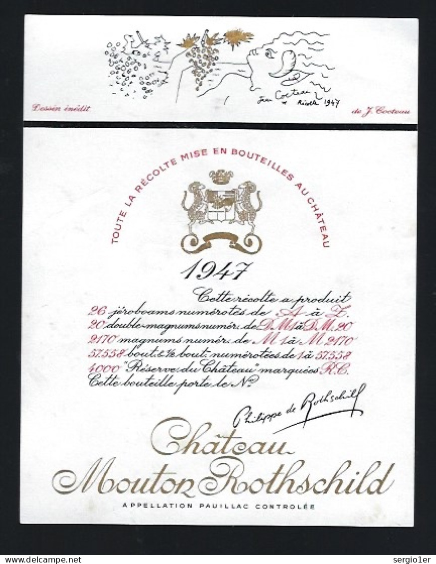 Etiquette Vin Chateau Mouton Rothschild 1947 Illustration De J Cocteau - Bordeaux