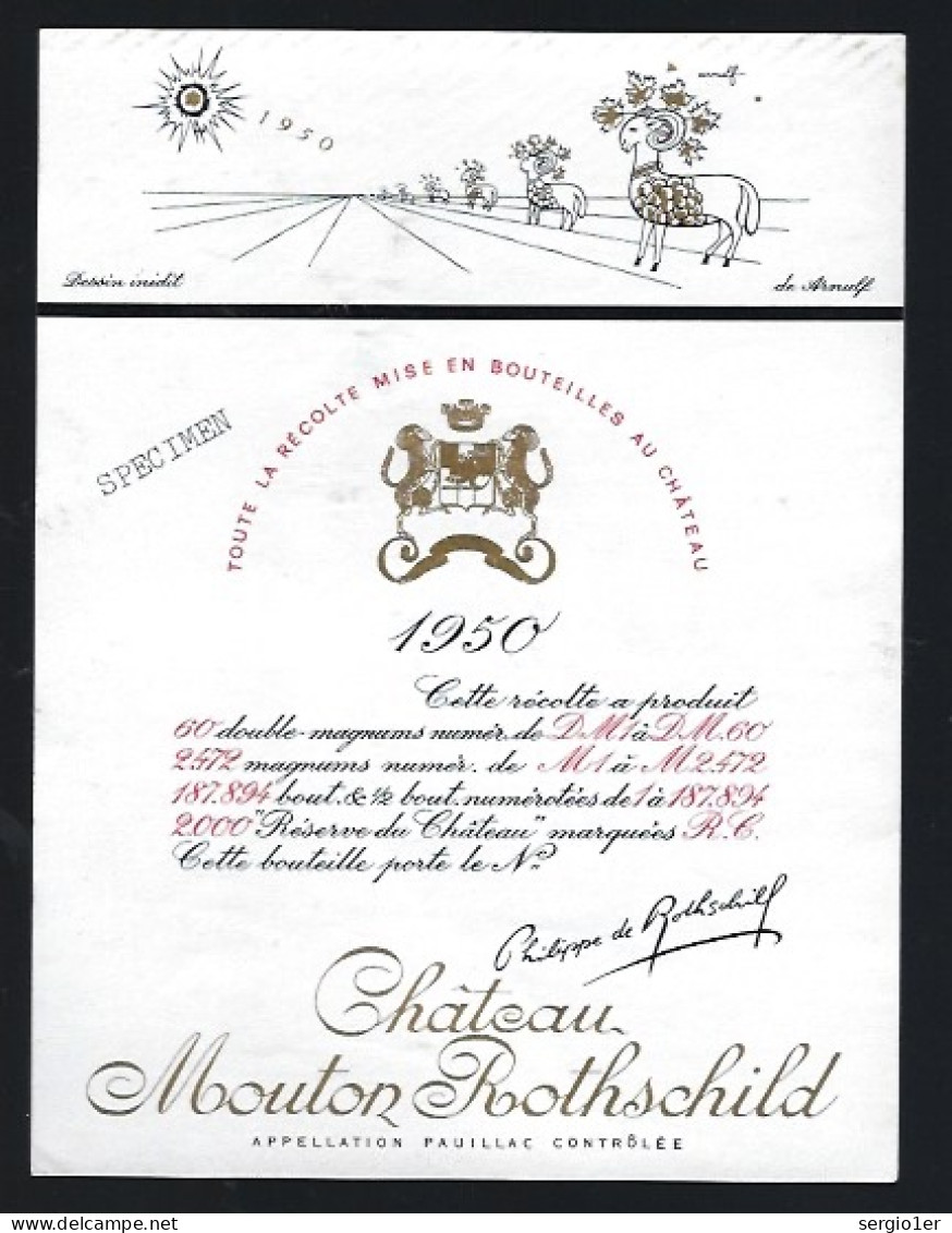 Etiquette Vin Chateau Mouton Rothschild 1950 Illustration De George Arnulf - Bordeaux