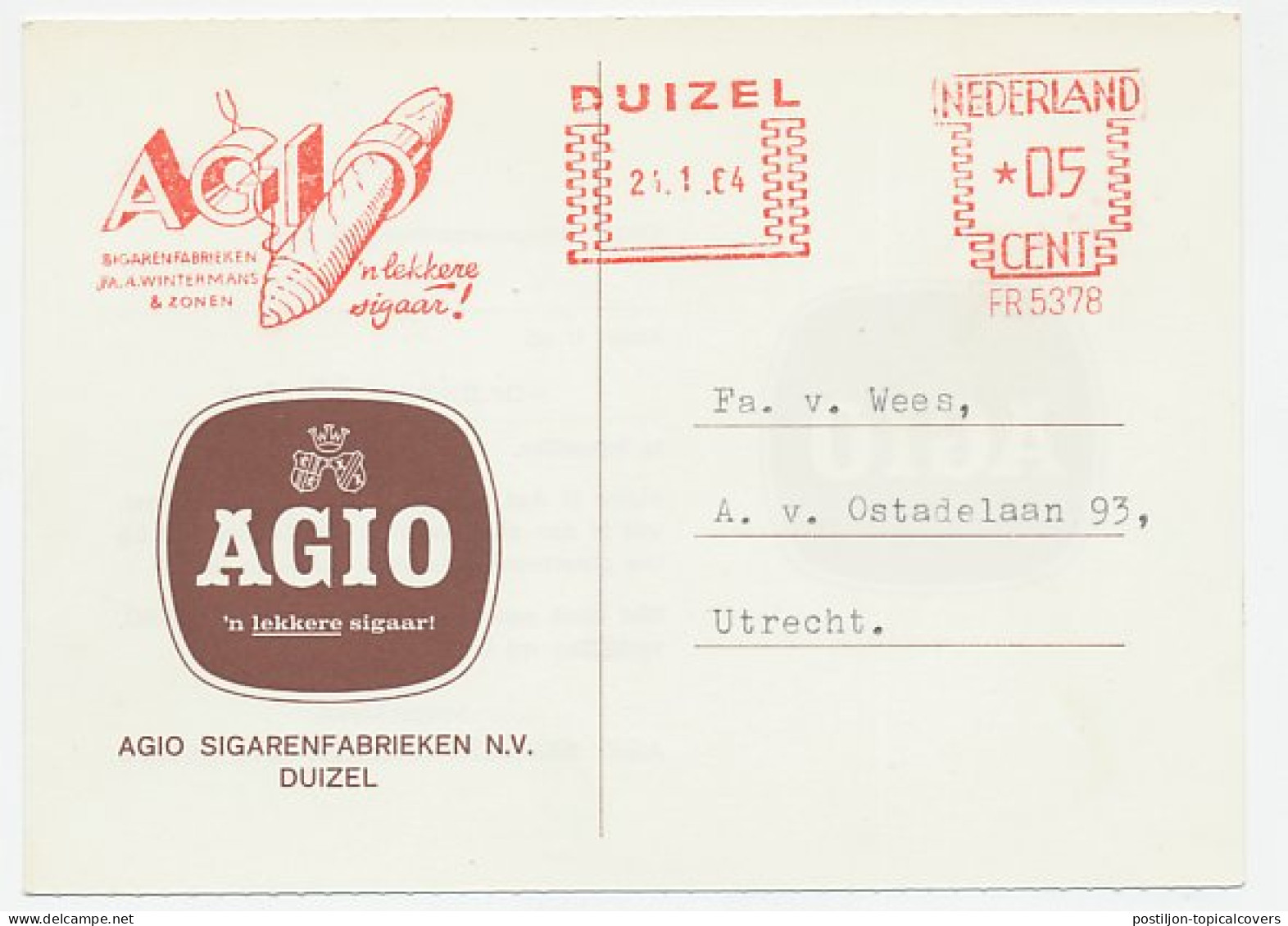 Meter Card Netherlands 1964 Cigar - AGIO - Tobacco
