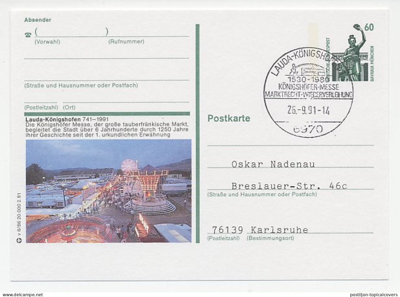 Postal Stationery / Postmark Germany 1991 Fair - Lauda Konigshofen - Carnavales