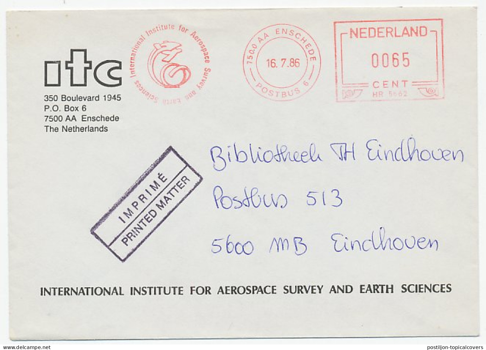 Meter Cover Netherlands 1986 ITC - Int. Institute For Aerospace Survey And Earth Sciences - Astronomia