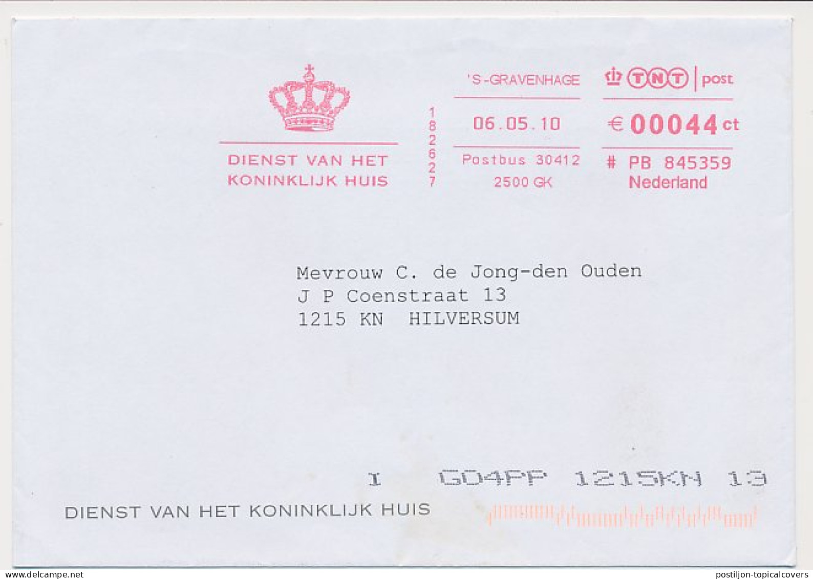 Meter Cover Netherlands 2010 Service Of The Royal House - Crown - Koniklijke Families