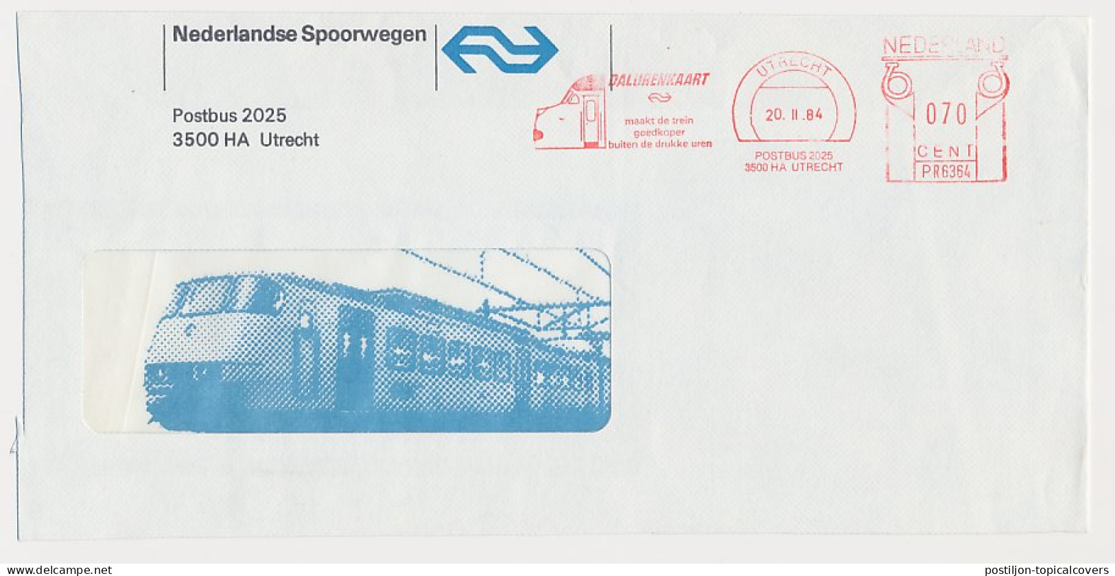 Illustrated Meter Cover Netherlands 1984 - Postalia 6364 NS - Dutch Railways - Off-peak Hours Card - Cheaper Train Ride - Treinen