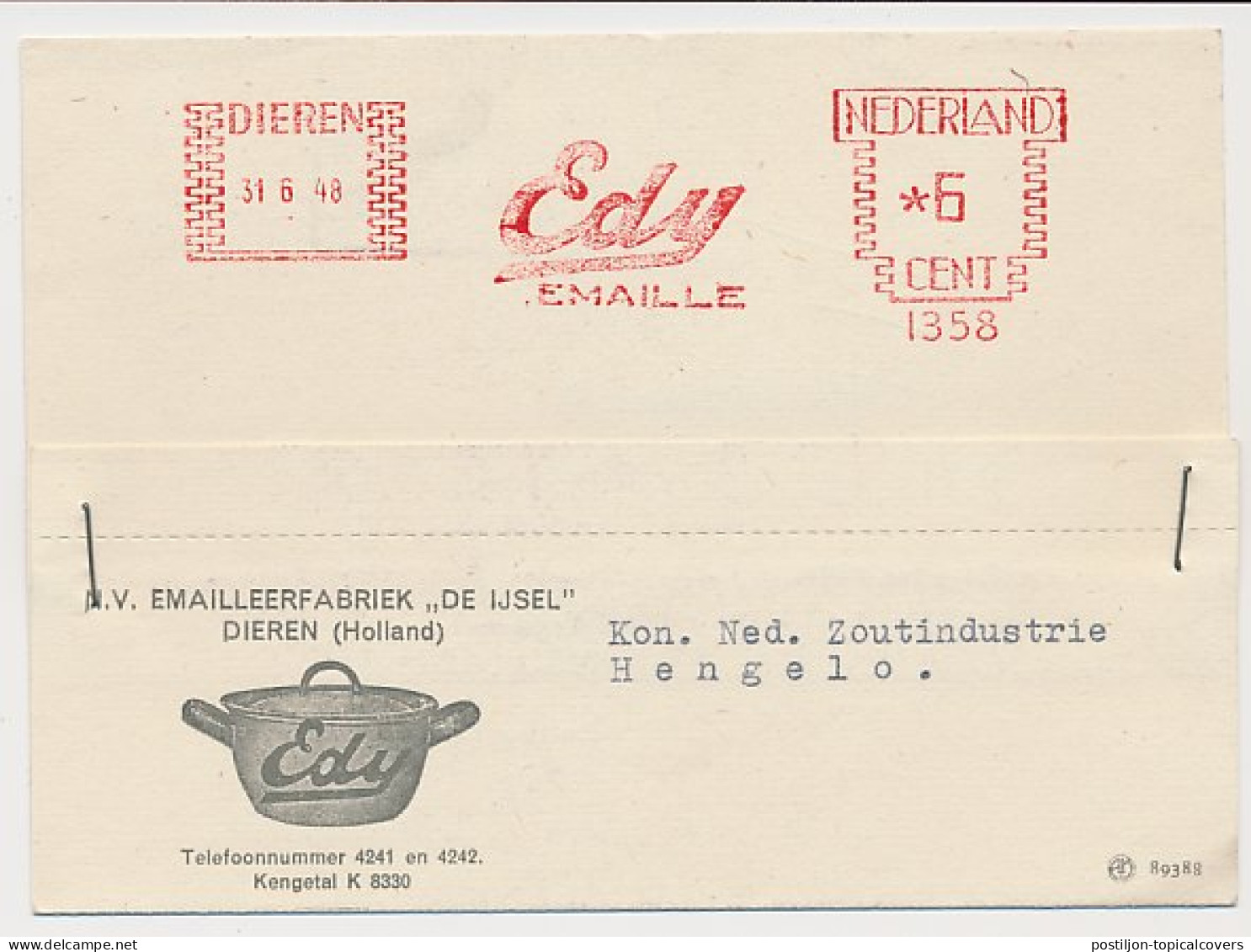 Meter Card Netherlands 1948 Enamel - Pots - Pans -Edy - Dieren - Sin Clasificación