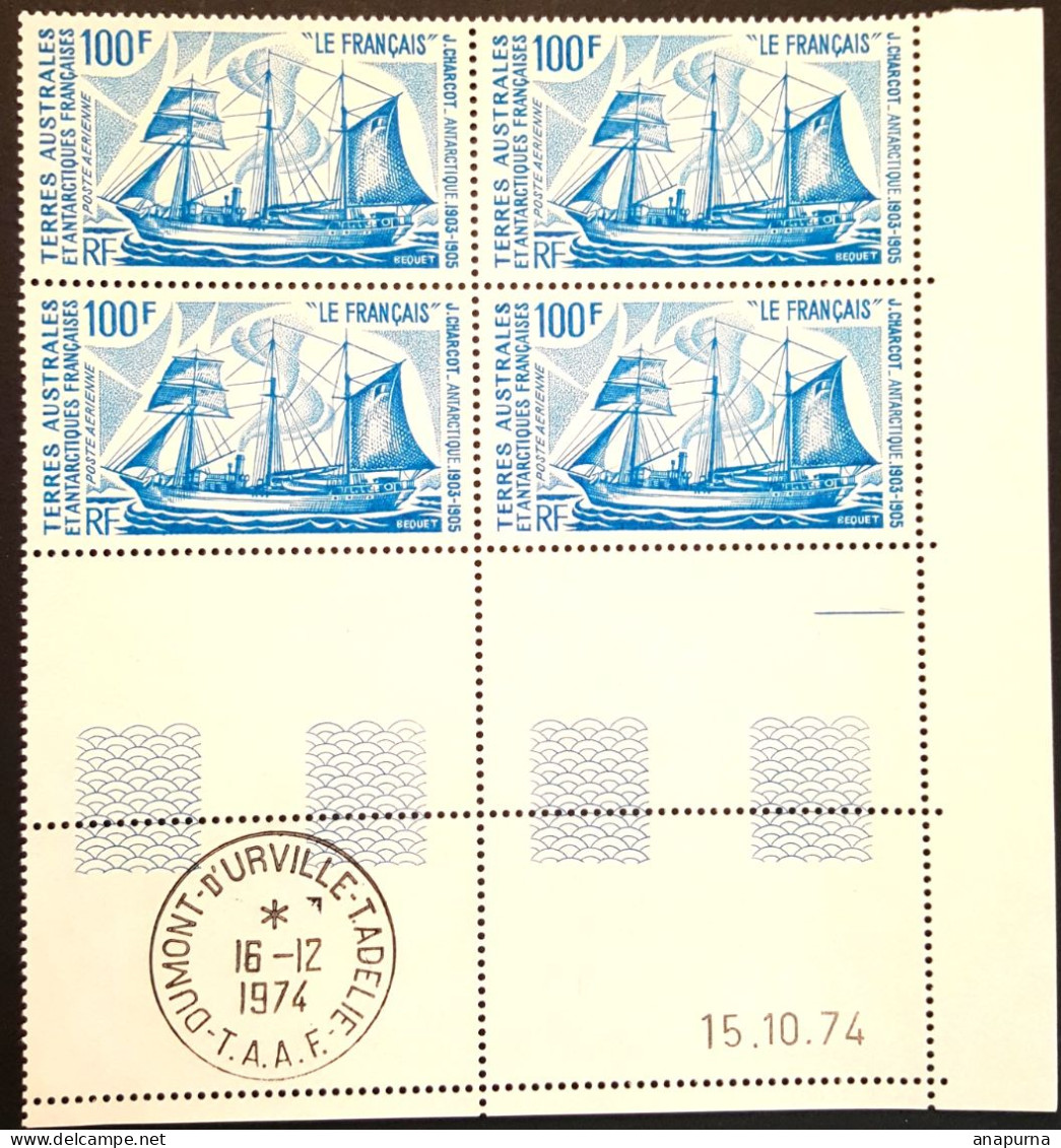 TAAF BLOC DE 4 Coin Daté, Bateau Charcot Le Français, PA N°38, Sans Charnière, Avec TAD Terre Adélie - Unused Stamps