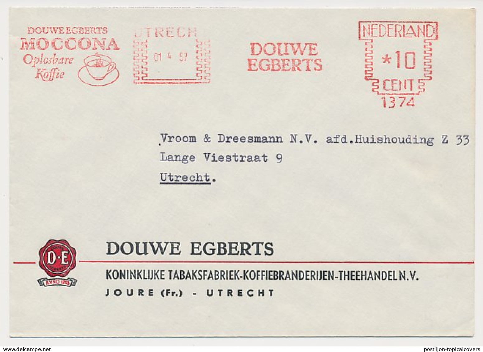Meter Cover Netherlands 1957 Moccona - Soluble Coffee - Douwe Egberts - Utrecht - Sonstige & Ohne Zuordnung