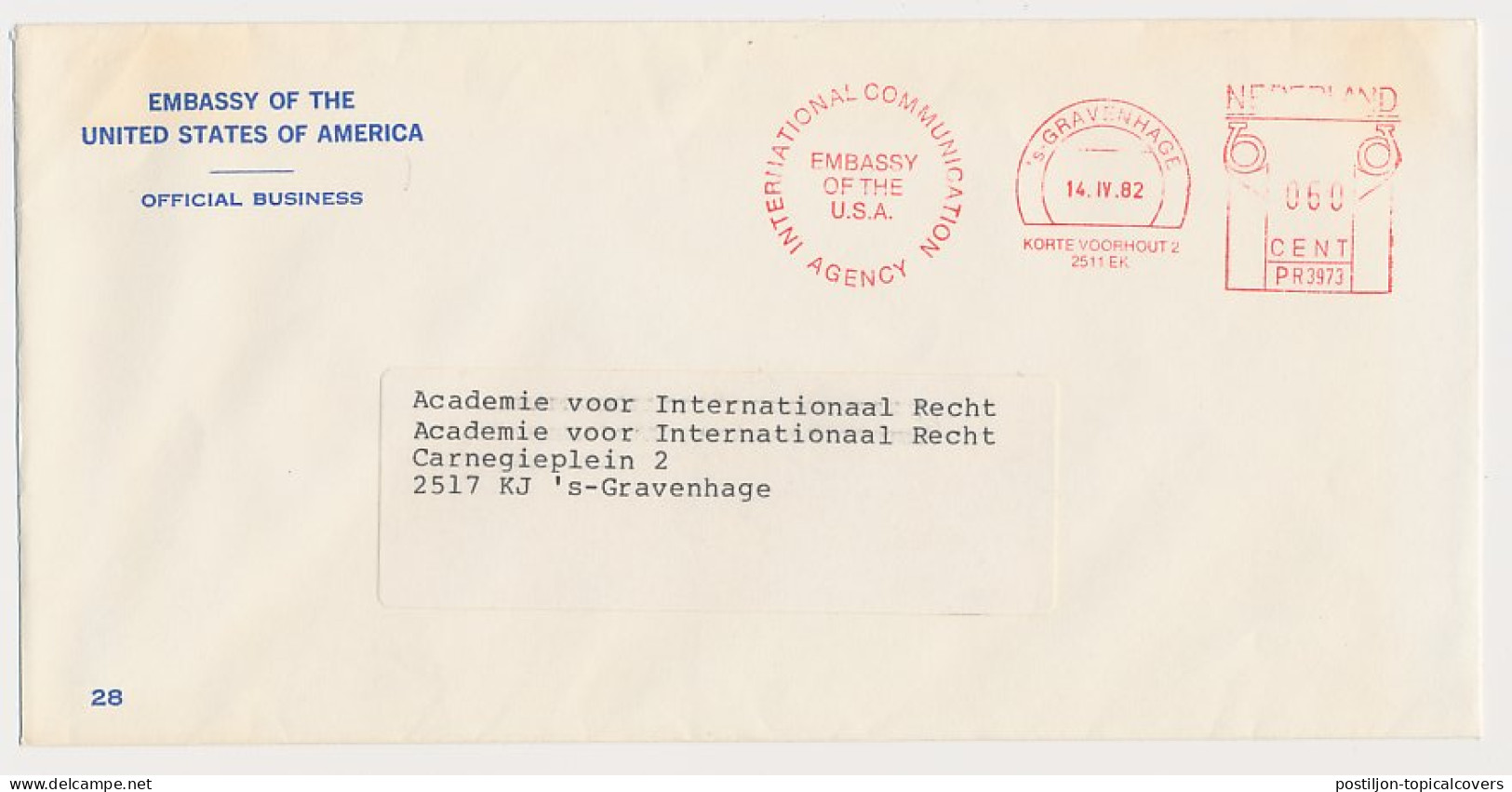 Meter Cover Netherlands 1982 USA - Embassy - Sin Clasificación