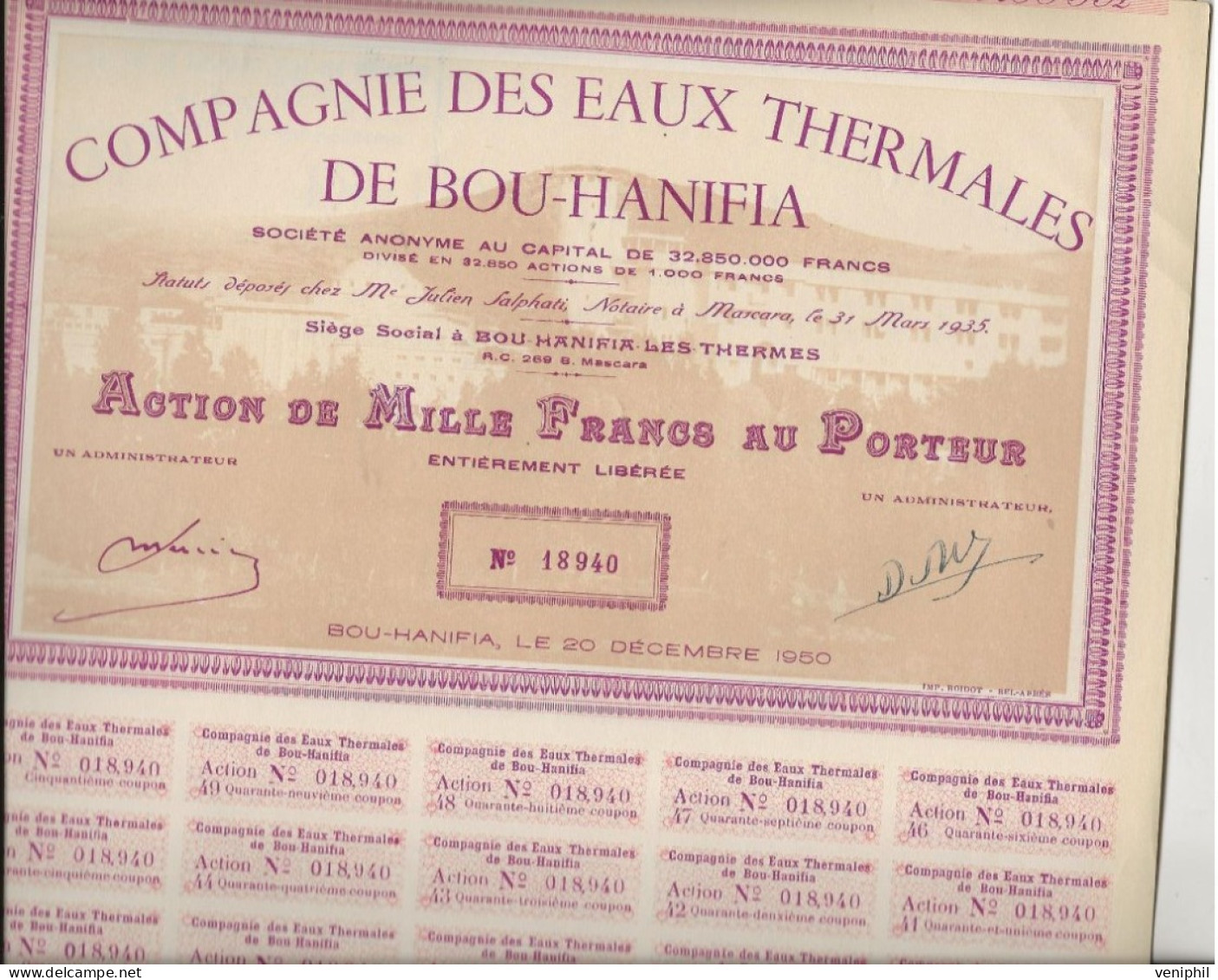 COMPAGNIE DES EAUX THERMALES DE BOU-HANIFIA - LOT DE 10 ACTIONS DE 1000 FRANCS  - ANNEE 1950 - Eau
