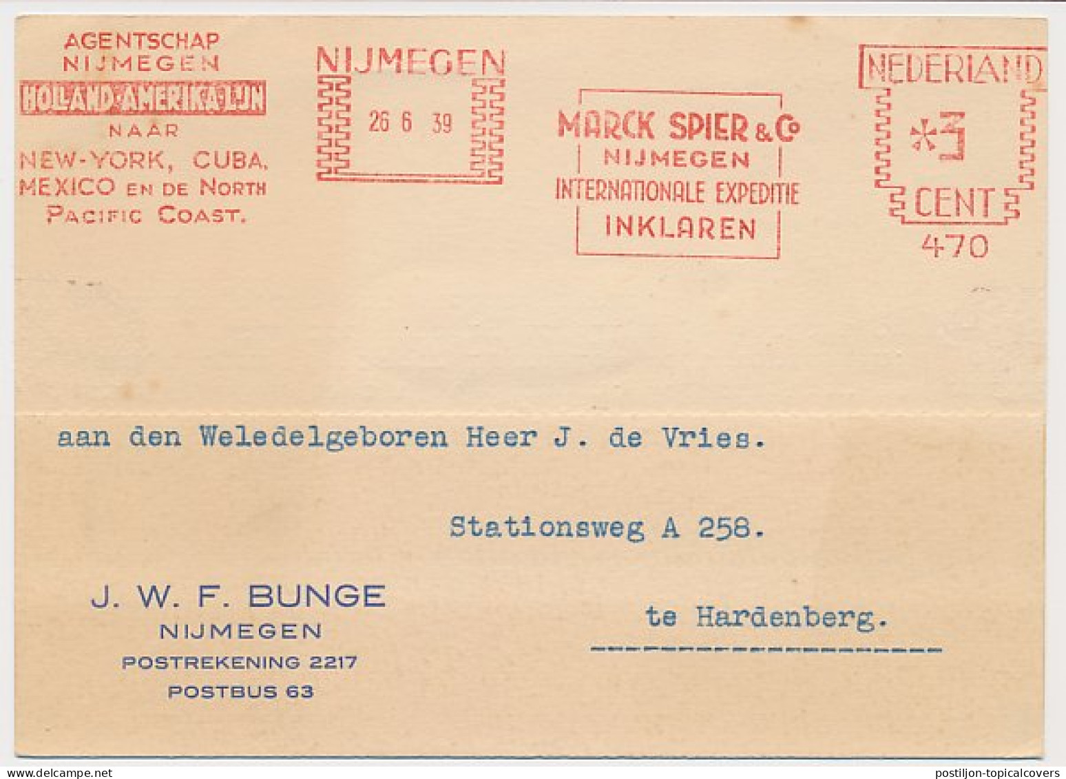 Meter Card Netherlands 1939 Holland America Line - Agency Nijmegen - New York - Cuba Etc.  - Boten