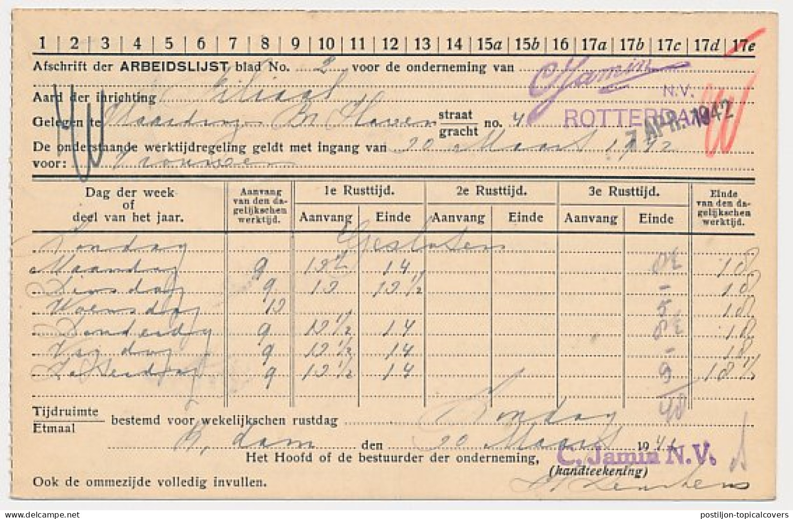 Arbeidslijst G. 18 Vlaardingen - Rotterdam 1942 - Postal Stationery