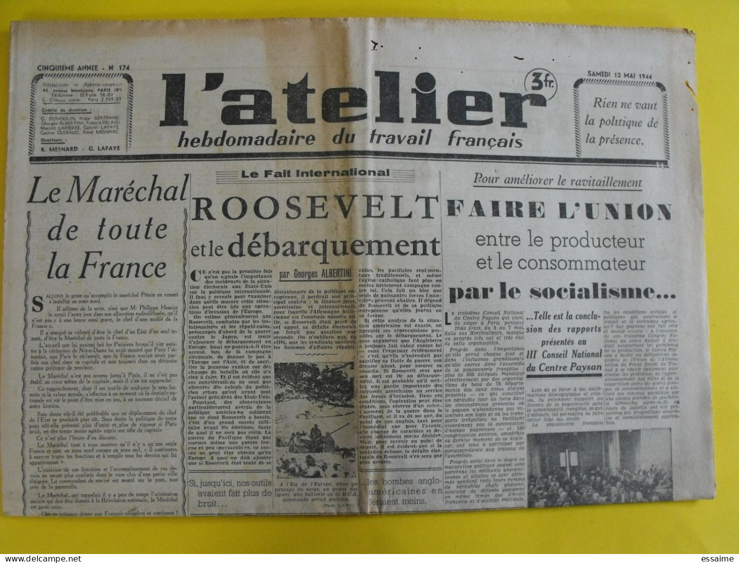 L'Atelier Hebdo Du Travail Français. N° 174 Du 13 Mai 1944 . Collaboration Antisémite. Dharnes Mesnard Lafaye - Guerra 1939-45