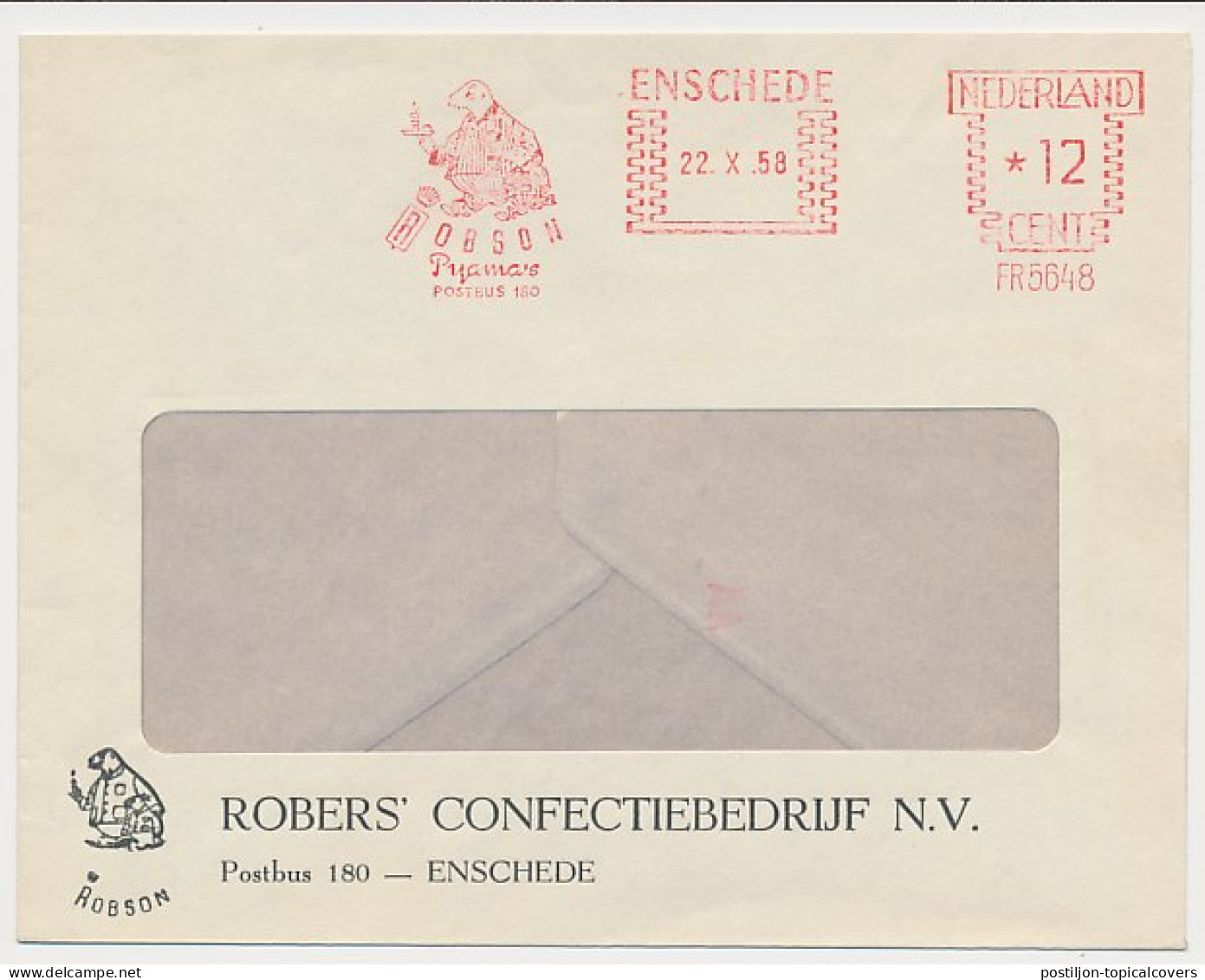 Meter Cover Netherlands 1958 Rob - Seal - Pajamas - Candle - Enschede - Autres & Non Classés