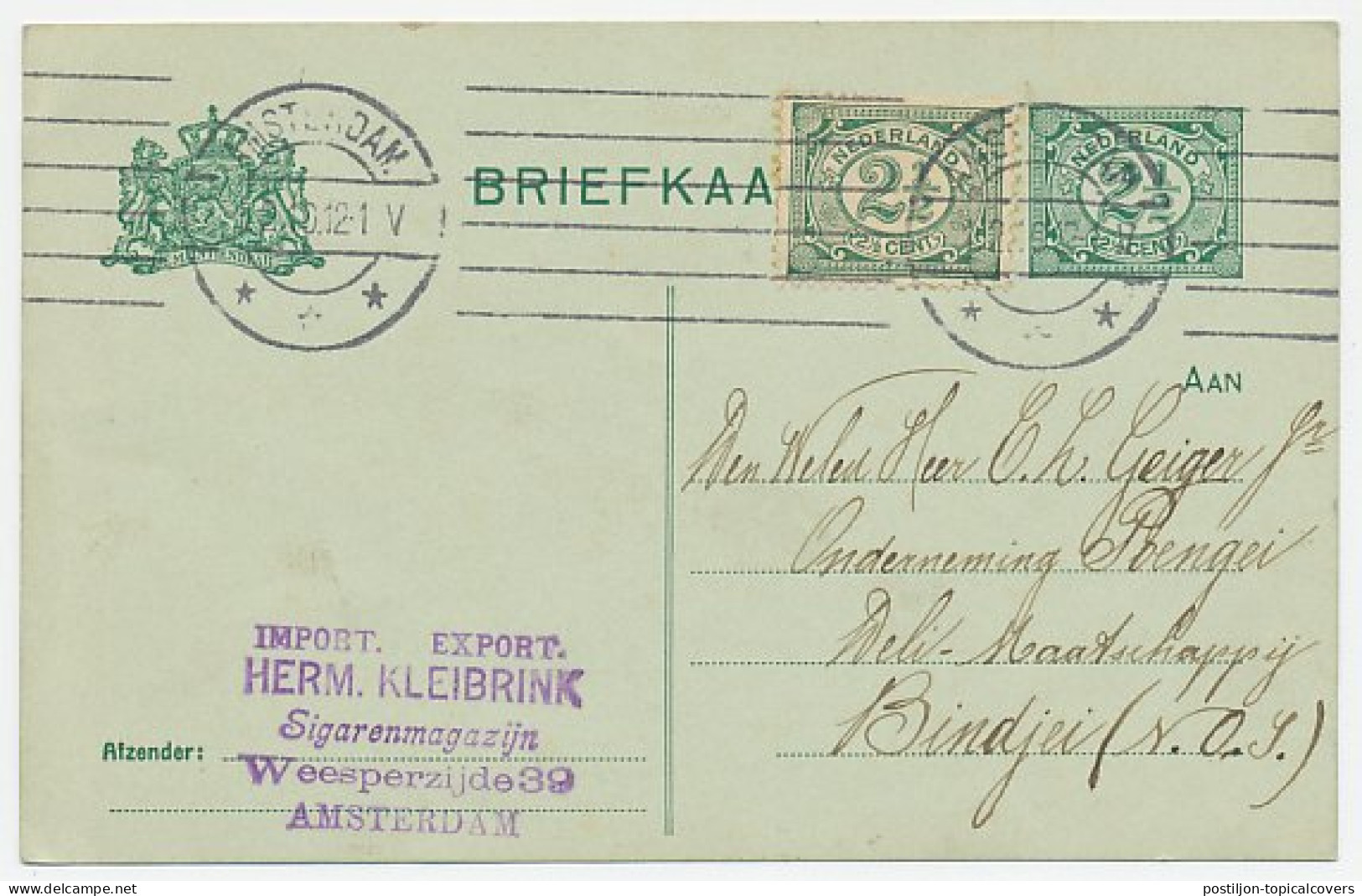 Briefkaart G. 80 A I / Bijfrankering Amsterdam - Ned. Indie 1910 - Postal Stationery